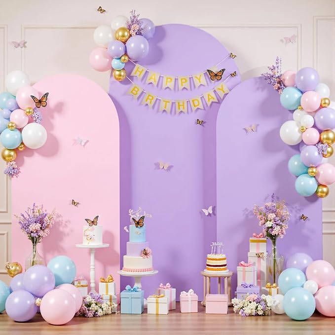 Pink and Lavender Arch Backdrop Cover 8FT 7.2FT 6.6FT Arch Covers Stretchy Backdrop Set of 3 Wedding Arch Cover Spandex Fitted Double-Color Fabric Arch Covers for Party Baby Shower Birthday Decoration