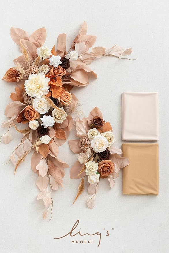 Ling's moment Boho Wedding Arch Flowers Kit Pack of 4, 2pcs Hanging Artificial Floral Arrangement 2pcs Chiffon Drapes Ceremony Fake Silk Rose Arbor Rustic Farmhouse Party Decor, Fall Orange Swags