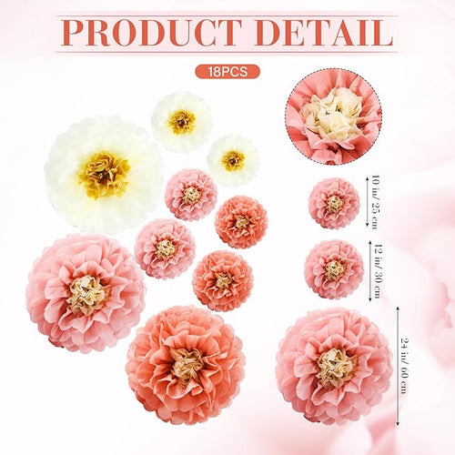 18 Pcs Large Tissue Paper Flowers Set 23.6"/11.8"/9.8" Giant Fiesta Mexican Paper Wall Flower for Carnival Wedding Birthday Bridal Shower Party Backdrops Centerpieces(Boho Colors)