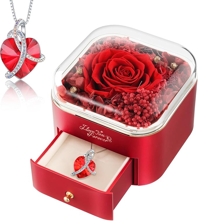 WILDLOVE Preserved Real Red Rose with Heart Necklace, Forever Flowers Gifts for Mom Grandma Wife Girlfriend at Christmas, Valentines, Mothers Day, Anniversary or Birthday Gifts for Women