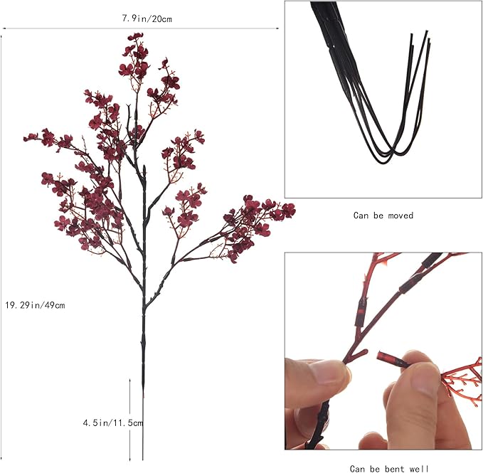 15PCS Artificial Baby Breath Flowers Fake Silk Real Touch DIY Floral Bouquets Decor Wedding Party Decoration Arrangements-Burgundy
