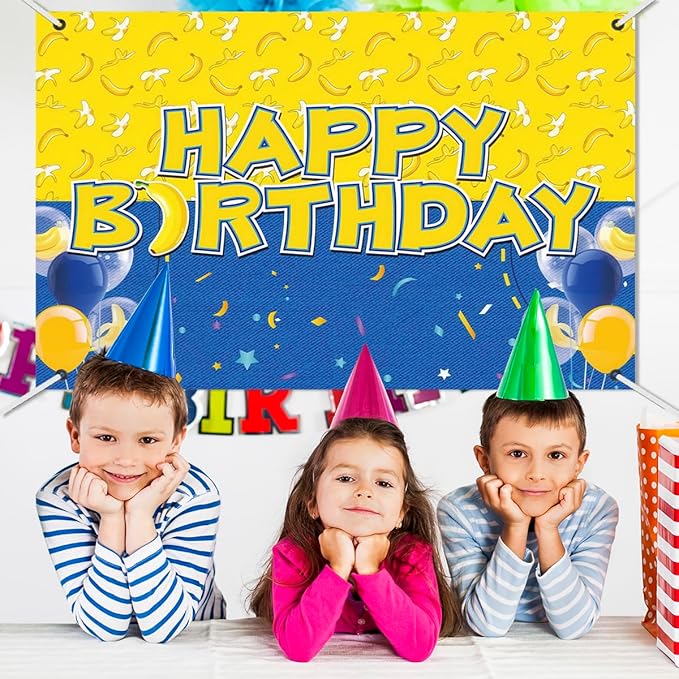 Birthday Party Backdrop Banner, Yellow and Blue Design with Balloons, 59.1 x 39.4 inches, Photo Background with 32ft Ribbon