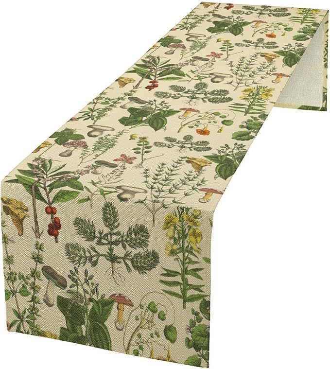 Vintage Botanical Table Runner, Antique 1900s Plants Herbs Mushroom Boho Retro Wildflower Ferns Print Table Runner for Farmhouse Kitchen Indoor Outdoor Decoration, 13x120inch