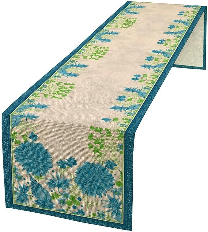 Vintage Floral Table Runner, Elegant Blue Flowers Nature Design Table Runner for Kitchen Dining Holiday Party Home Decoration, 13x120 Inch