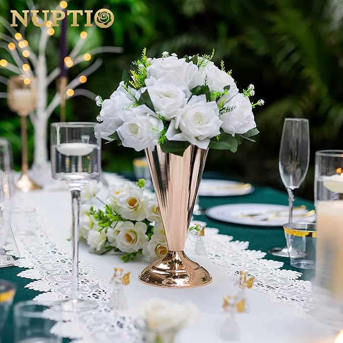 10 Pcs Tabletop Metal Wedding Flower Trumpet Vase, 9.8 inch Table Decorative Centerpiece Artificial Flower Arrangements for Anniversary Ceremony Party Birthday Event Aisle Home Decoration, Gold
