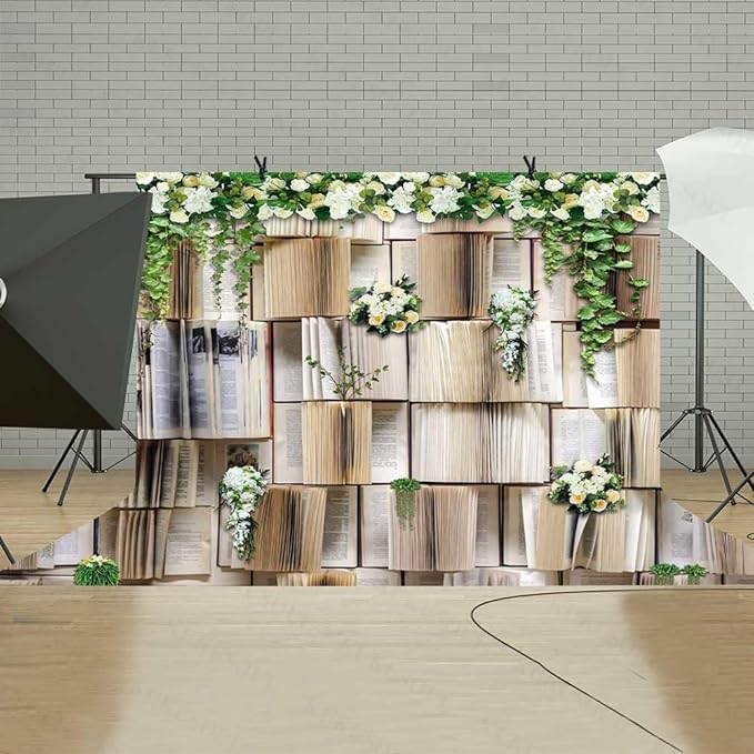 8x6ft Vintage Bookshelf Backdrop Flower Garlend Book Pages Wedding Party Photo Backdrop Baby Shower Graduation Party Photo Studio Background KUBDJ727