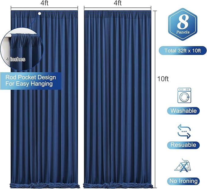 Navy Blue Backdrop Curtains - Wrinkle-Free Polyester Photography Drapes for Wedding, Baby Shower, Birthday, Graduation Party Decorations - 32 X 10FT