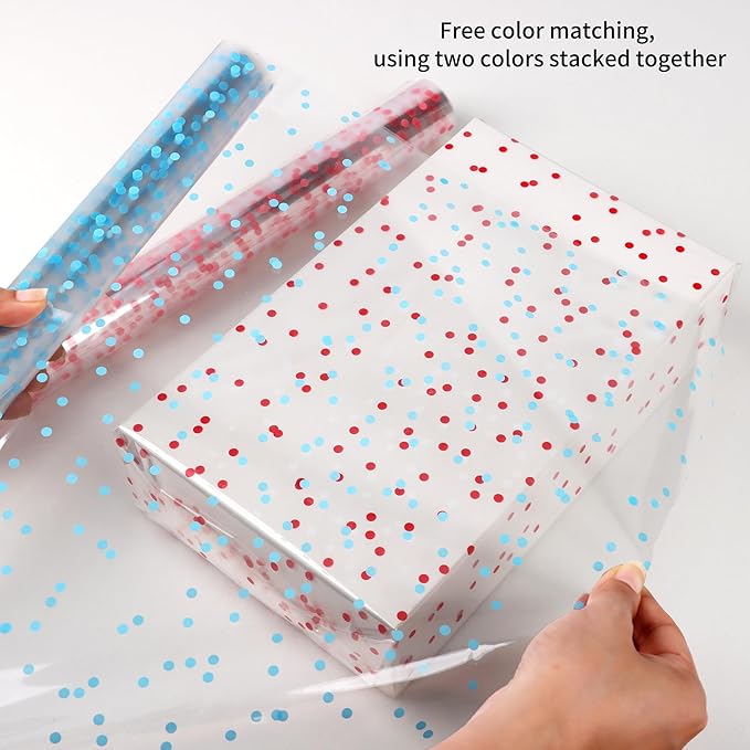 CMFYHM 8 Rolls clear Cellophane Wrap Roll (34 in x 16.4 ft x 8 Colors) Extra Wide Transparent Polka Dots Cellophane Wrapping for Gift Baskets,Flowers, DIY Craft,Baby Shower, Easter,Christmas