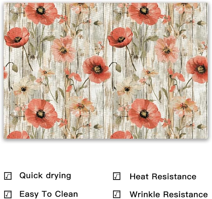 Placemats Set of 4 Waterproof Oilproof Table Mats Vintage Poppy Flowers Washable Wipeable Heat Resistant Easy to Clean for Indoor Outdoor Party Kitchen Dining Table Decoration 12 * 18in