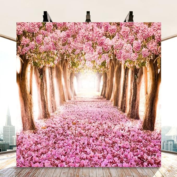 AOFOTO 8x8ft Spring Cherry Blossom Backdrop Sweet Pink Flowers Tree Floral Petal Boulevard Photography Background Baby Shower Photo Studio Props Girl Infant Adult Artistic Portrait Vinyl Wallpaper