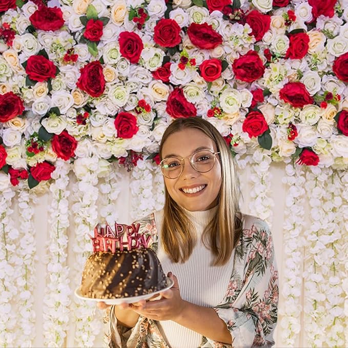 15x8ft Flower Wall Wedding Backdrop White Red Roses Romantic Spring Blooming Floral Photo Background for Valentine's Day Bridal Shower Mothers Day Birthday Newborn Decorations Photo Props