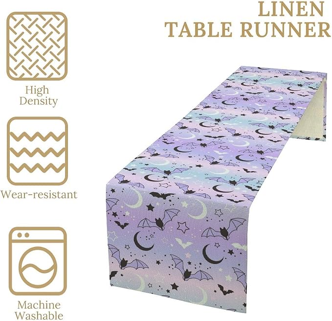 Gothic Table Runner,Cute Bat Star Sky Print Table Runner for Home Kitchen Table Dining Garden Farmhouse Wedding Party Decor 13x120 Inch
