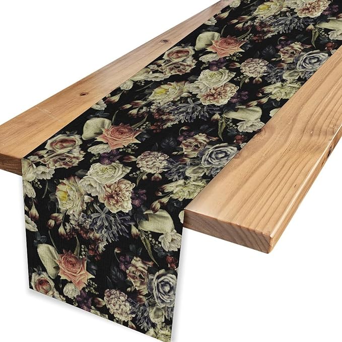 Gothic Floral Table Runner, Vintage White Blue Floral Boho Flower Garden Botanical Spring Seasonal Print Table Center Decor for Family Kitchen Table Decorations Indoor Outdoor 13x108 inch