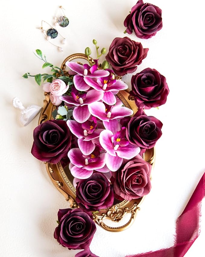 DuHouse 10pcs Silk Roses Artificial Flowers Fake Burgundy Rose Bouquet for Arrangement Wedding Party Home Decoration (Burgundy-Long Stem)