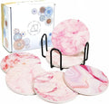 AD Set of 6 Coasters for Drinks Absorbing Round Ceramic Stone Coaster with Cork Base Tabletop Protection Mat for Mugs and Cups,Office,Kitchen (Pind Marble with Holder)