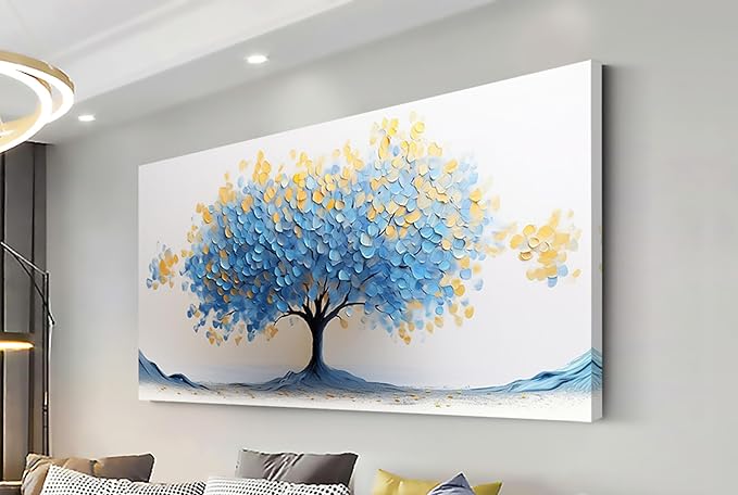 LAVIKARS Modern Tree of Life Wall Art for Living Room Office Navy Blue and Yellow Floral Abstract Landscape Canvas Painting Prints Large Nature Artwork Home Kitchen Bedroom Decor (23x46 Inches)
