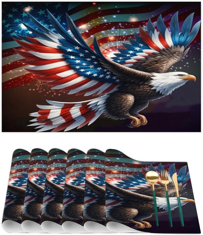 Independence Day Bald Eagles Flag Placemats Set of 6 PVC Vinyl Non Slip Table Mats Waterproof Heat Resistant Place Mats Washable Wipeable Dining Table Mat for Kitchen Party Indoor Outdoor Decorative