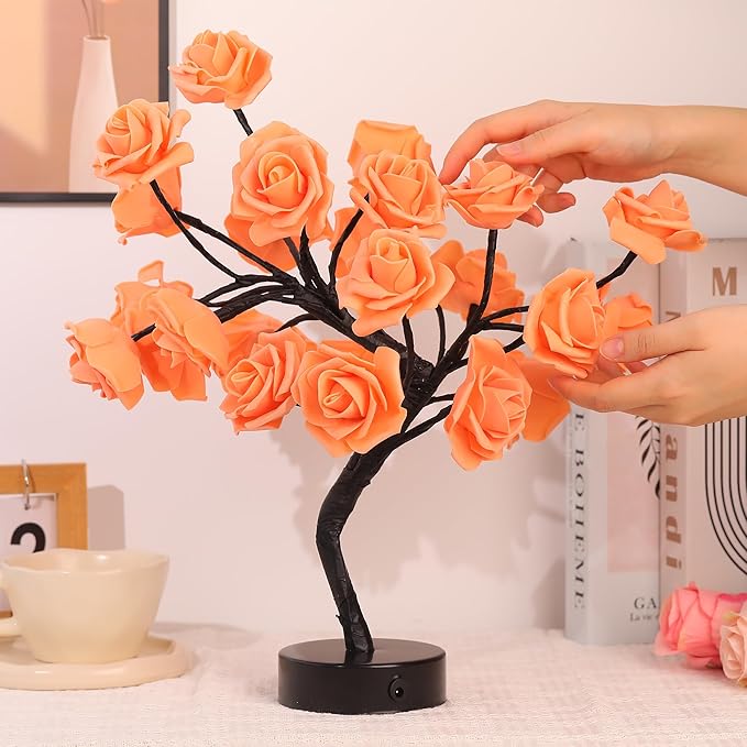 Drawelry Rose Flower Tree Lamp - LED Rose Tree Table Lamp USB/Battery Powered Artificial Bonsai Flower Night Light for Bedroom Living Room Party Wedding Birthday Decor (Orange)