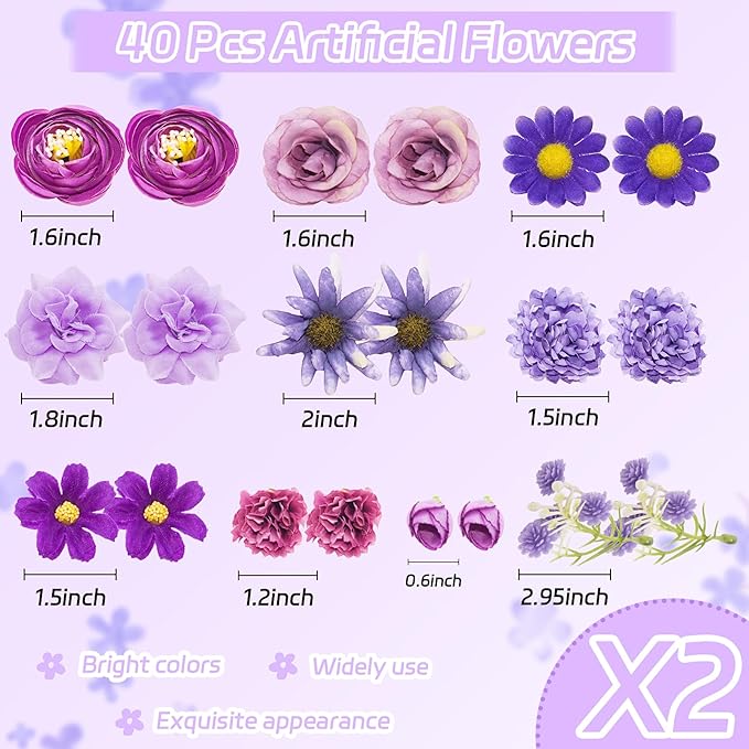 Featuman Artificial Flower Heads Bulk, Purple Fake Flowers Faux Daisy Fabric Flowers for Craft, 40 Pcs Mini Silk Flower Heads Artificial Daisies Fabric Flowers Heads for Wedding Hair Cap