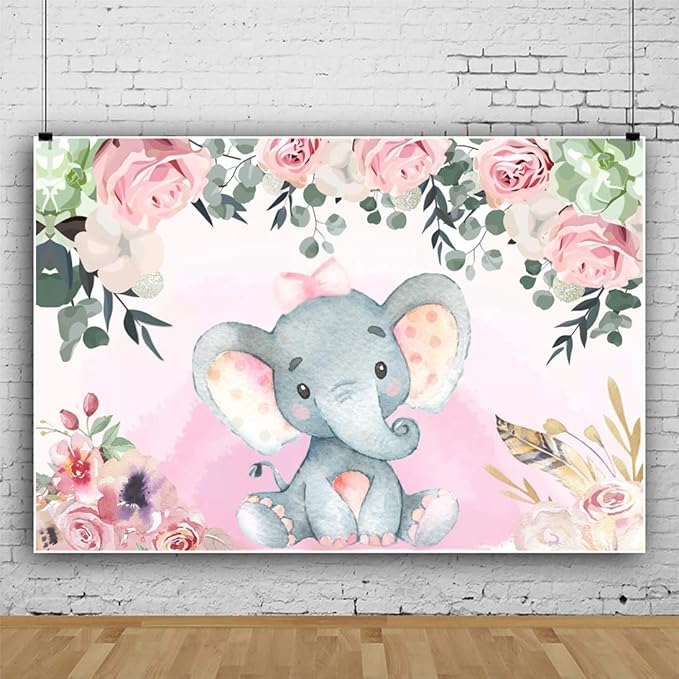 AOFOTO 7x5ft Pink Flowers Elephant Baby Shower Backdrop for Girl Sweet Floral Gender Reveal Background for Photography Kids Infant Birthday Party Banner Cake Table Decoration Vinyl Photo Studio Props
