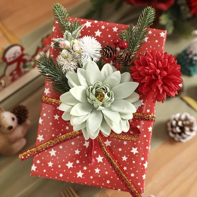 YYHUAWU Artificial Christmas Flowers Combo Box Set Fake Flowers Leaf with Stems for DIY Tree Ornaments Xmas Wreath Floral Arrangements Centerpieces
