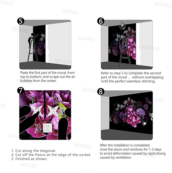 Black Peony Floral Wallpaper Bedroom Purple Botanical Flowers Leaf murals Living Room tv Background Large Wall Mural Aesthetic Room Decor - 137"x96" Not Peel and Stick