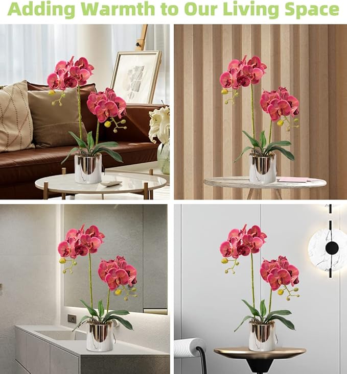 Artificial Orchid Flowers Fuchsia Faux Orchids with Ceramic Vase Vivid Fake Phalaenopsis Flower Arrangement Gorgeous Artificial Plants for Office Desk Wedding Party Exhibition Center&Home Table Decor