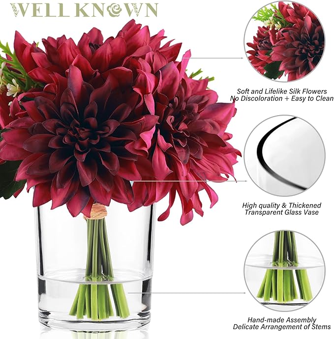 WELL KNOWN Dahlia Artificial Flowers in Vase, Silk Faux Flower Arrangements in Vase with Faux Water for Dining Table Centerpieces, Home Decor, Thanksgiving Christmas Greeting Gift (Fuchsia Red)