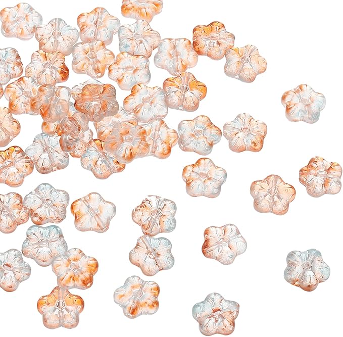 PATIKIL Random Glass Flower Beads, 50Pack Transparent Floral Beads Hibiscus Beads for DIY Jewelry Making Bracelets Bulk, Blue/Orange