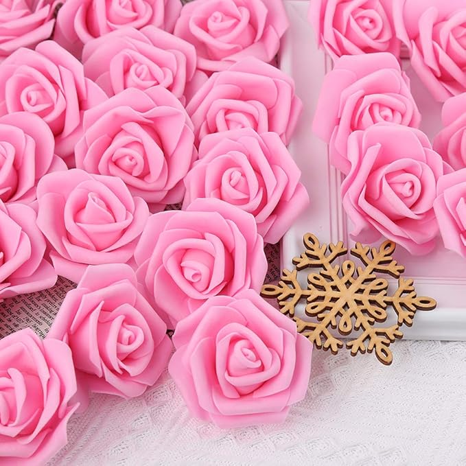 IPOPU 100 Pcs Artificial Rose Flower Heads Real Looking Baby Pink Fake Roses Flowers Foam Blush Roses for DIY Wedding Centerpieces Party Baby Shower Banquet Home Decorations (Pink, Stemless)