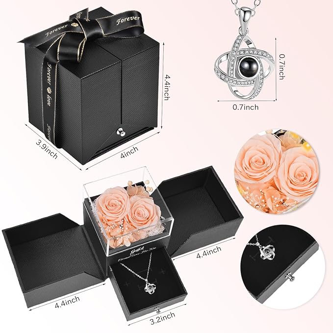 2 Preserved Rose Gift for Women - Eternal Rose with I Love You Necklace - Romantic Birthday Gifts for Girlfriend Mom Her Wife Grandma on Valentines Mothers Day Anniversary Christmas-Red Champagne