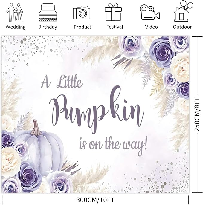 Little Pumpkin Baby Shower Backdrops 10x8ft, A Sweet Little Pumpkin is On The Way Purple Floral Photography Background, Baby Shower Baby Birthday Backdrop Decoration Banner