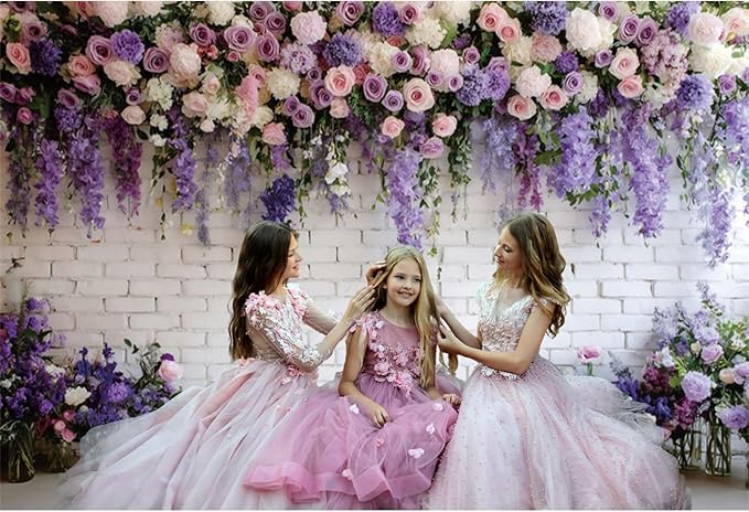 Baocicco Purple Floral Wall Backdrops 9x6ft Flowers White Brick Wall Backdrops for Photoshoot Valentine Day Decorations Anniversary Wedding Banner Supplies Birthday Baby Shower Photo Props