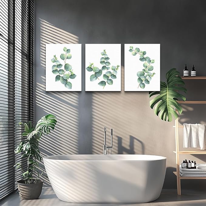 3 Piece framed Canvas Wall Art for living room bathroom Wall Decor Canvas Prints bedroom Decorations Office kitchen wall Artwork painting Green leaves Picture Watercolor painting Poster Home Decor