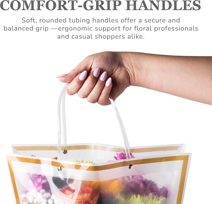 14 Reusable Floral Vase Bag for Bouquets - Portable Flower Bouquet Bags with Ventilation Holes and Ergonomic Handles, Gift-Ready, Tuxedo Gold