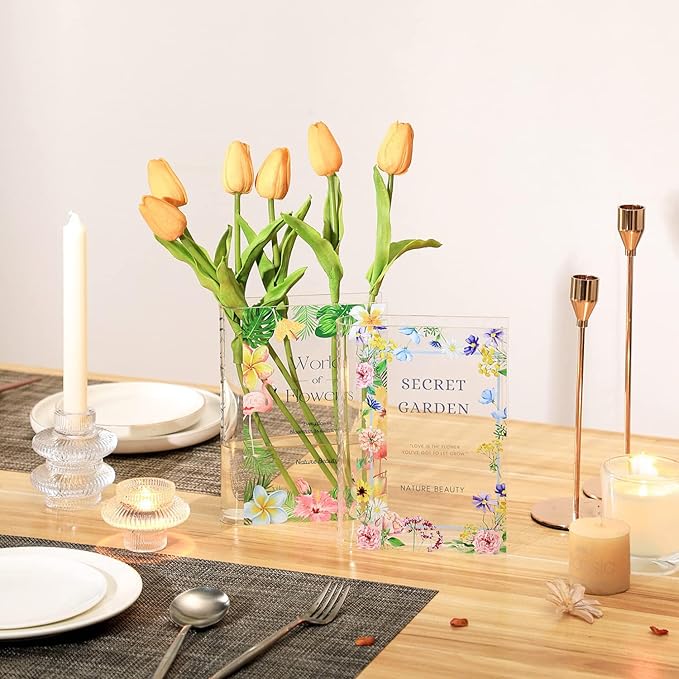 Book Vase, Acrylic Book Vase for Flowers, Book Flower Vase Clear, Small Book Shaped Vase, Clear Book Vases, Modern Decorative Vases for Home, Bedroom, Living Room, Office, Set of 2