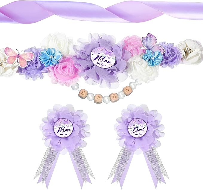 INSYOHO Butterfly Baby Shower Decorations - Adjustable a Little Butterfly is on Her Way Theme Maternity Belt with Purple Flowers Baby Shower Decorations, Gender Reveal Party Supplies for Mom to Be