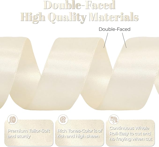 Double Faced Cream Satin Ribbon, 1-1/2 Inch X 25 Yards Polyester Ribbon for Gift Package Wrapping, Crafts, Bow Making, Sewing, Flower Bouquet, Wedding Party Decor