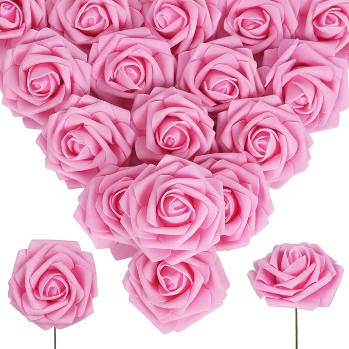 Pink Artificial Roses 50PCS Pink Roses 2.95" Foam Flowers Bulk Real Looking Pink Fake Foam Roses for Bridal/Baby Shower Decorations Wedding Centerpieces for Table