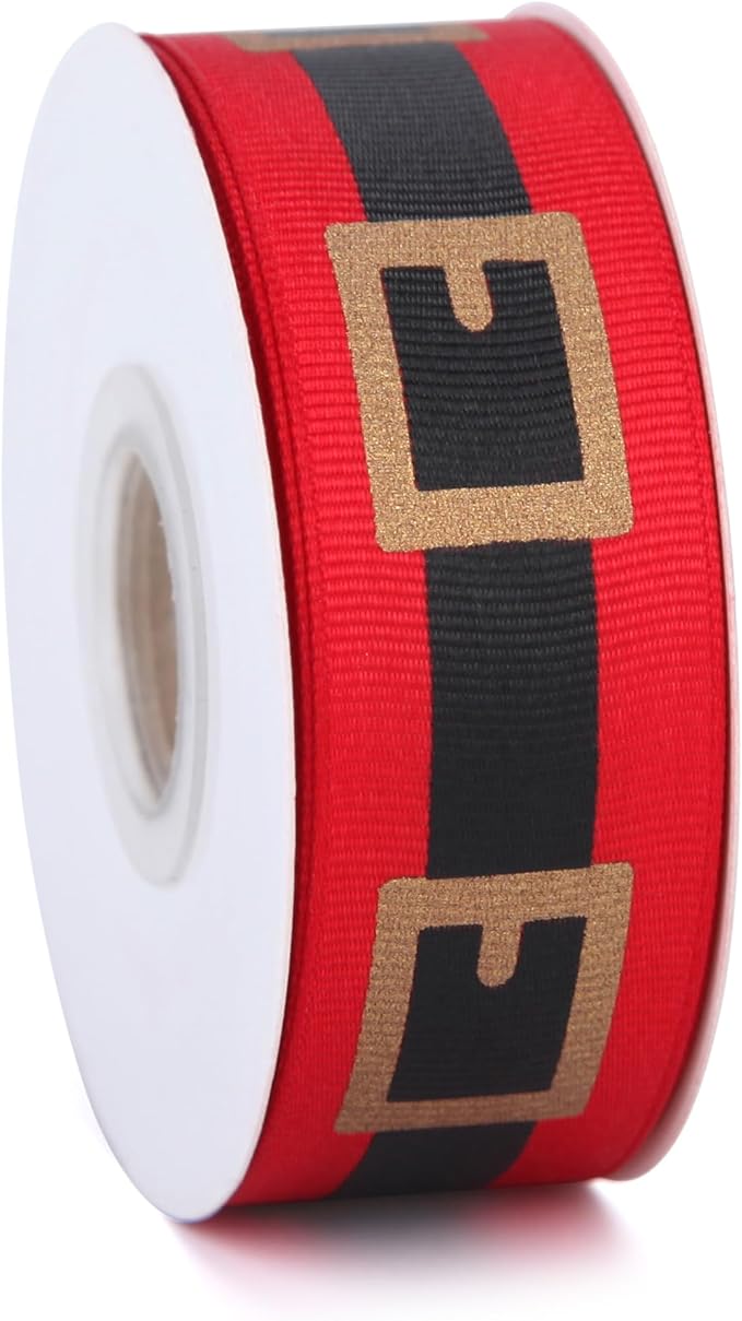 20 Yards Santa Belt Grosgrain Ribbon 7/8 Inch Red Black Gold Craft Ribbons for Christmas Gift Wrapping Wreath Bow DIY Crafts Supplies