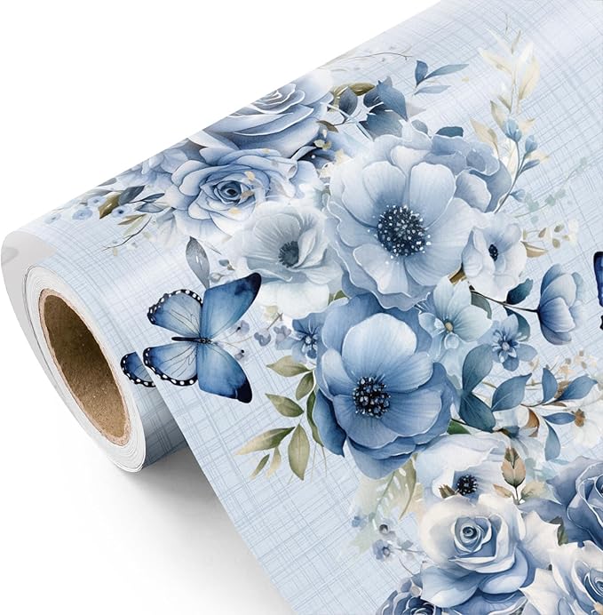 WRAPAHOLIC Dusty Blue Floral Wrapping Paper Roll - Mini Roll - 17 Inch x 33 Feet - Butterfly Flower Design, Perfect for Birthday, Wedding, Bridal Shower