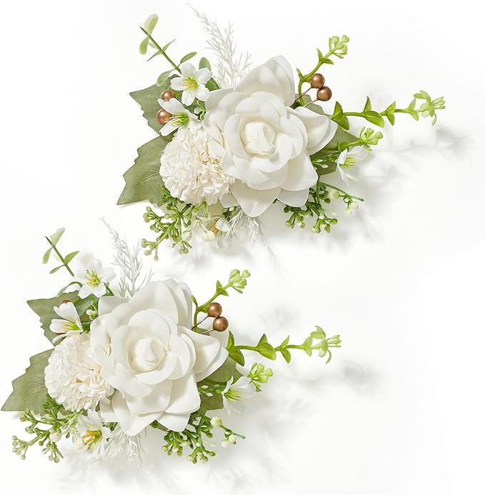 Serwalin Set of 2 Boutonniere for Men, 6-7inch Corsage Groom Groomsman Best Man Boutonnieres for Wedding Prom Ceremony Anniversary Party Cake Topper, Ivory White