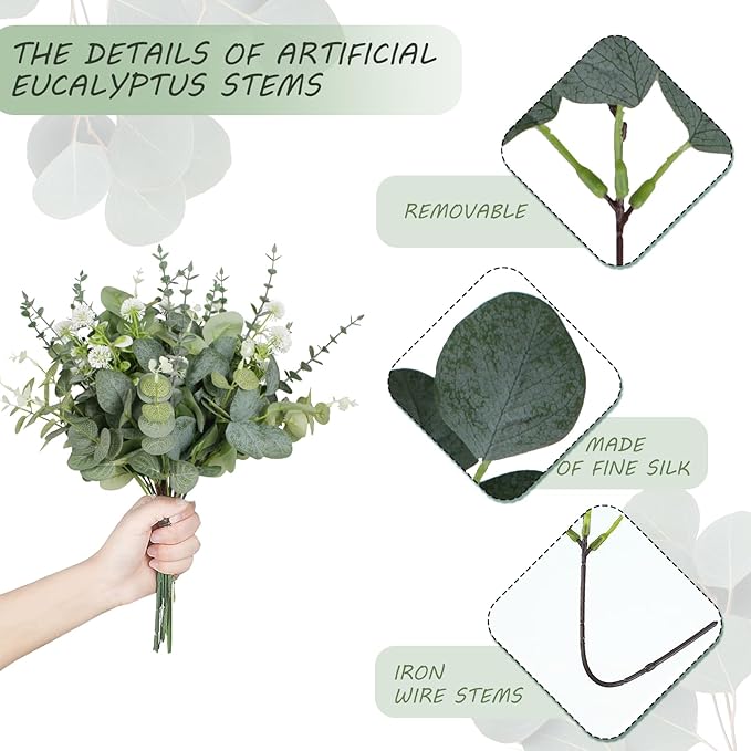 Artificial Eucalyptus Leaves Stems 120 Pcs 4 Kinds Mixed Fake Silver Dollar Eucalyptus Leaves Stem with Dandelion Bulk Faux Leaf for DIY Bouquets Floral Arrangement Wedding Home Decor