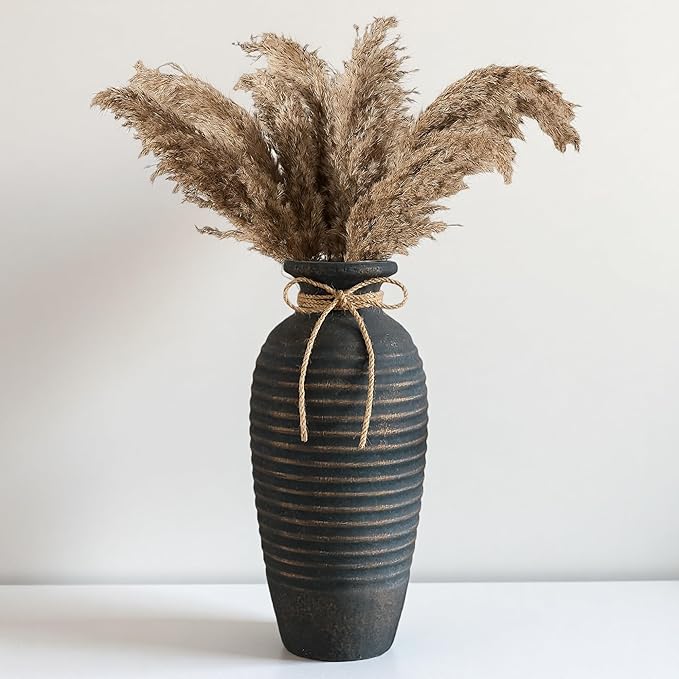 Large Ceramic Rustic Vase，14.4 Inch Vintage Farmhouse Tall Threaded Vase for House Book Shelf Office Coffee Desk Dining Fireplace，Bronze