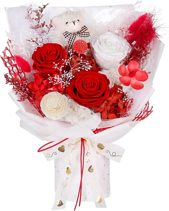 Preserved Flowers Bouquet with Bear, 3 Real Forever Flowers for Delivery, Long-Lasting Red Eteranl Roses Bouquet Birthday Gifts for Women Teenage Girls Girlfriend Mother Wife Her