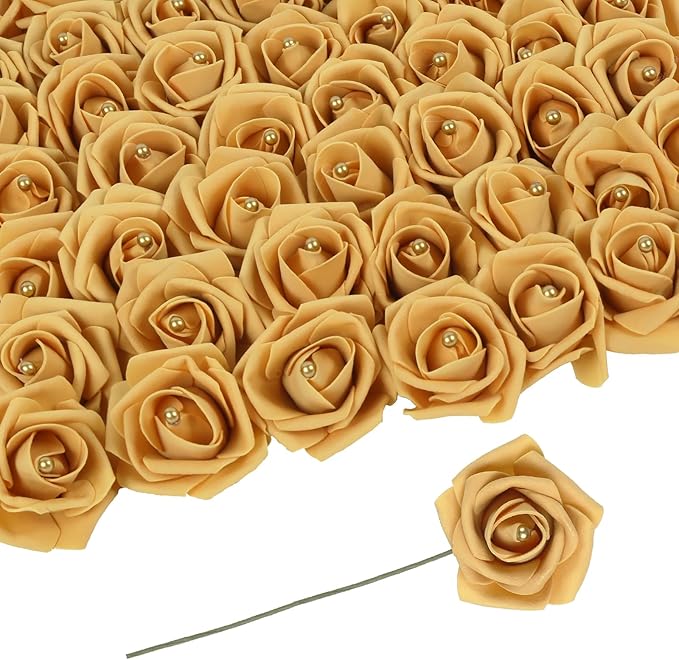 Foam Roses with Pearls 2.56in 50PCS Gold Roses Artificial Flowers Bulk Foam Flowers with Stem for Wedding, Bridal Shower, Cake, Graduation and Home Decor(Gold)