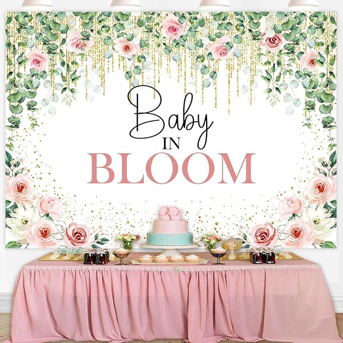 Sensfun Baby in Bloom Backdrop Green Leaves Pink Flowers Baby Shower Party Decorations Girls Greenery Floral Baby in Bloom Banner Gold Glitter Dots Photography Background Cake Table Supplies 8x6ft