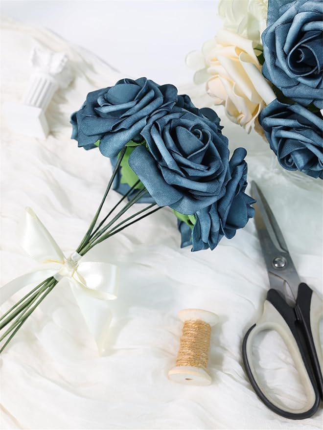 Meldel Artificial Flower Rose 25pcs Real Looking Blue Fake Foam Roses with Stems for DIY Wedding Bouquets Gifts Bridal Shower Faux Floral Centerpieces Arrangements Home Party Tables Decorations