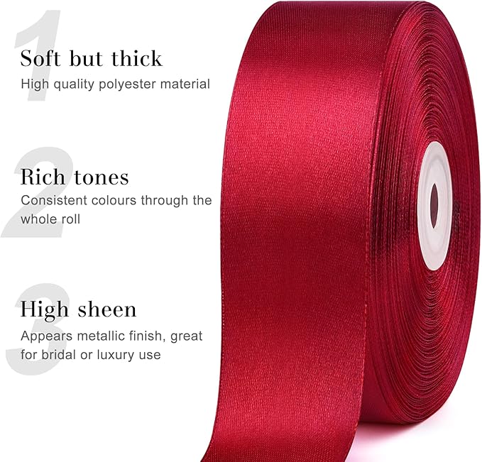 1-1/2 Inches 50 Yards Wine Red Satin Ribbon, Solid Fabric Ribbon Roll for Flower Bouquets, Gift Wrapping, Wedding, Handmade Crafts