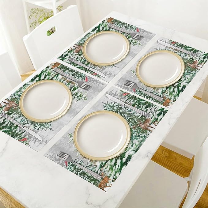 Winter Snowy Forest Placemats Christmas Pine Tree Snowflake Holiday Bath Rustic Christmas Tree Placemats Table Kitchen Dining Party 12x18 Inch Set of 6